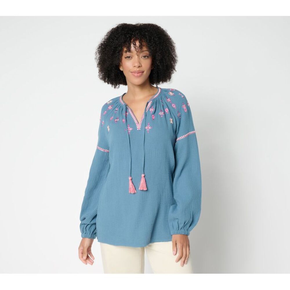 Christy Women's Top Sz M Summer Sunset Cotton Gauze Tassel Blue
